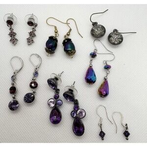 Lot of 7 Pairs Purple & Crystal Drop Earrings – Vintage & Modern Costume Jewelry